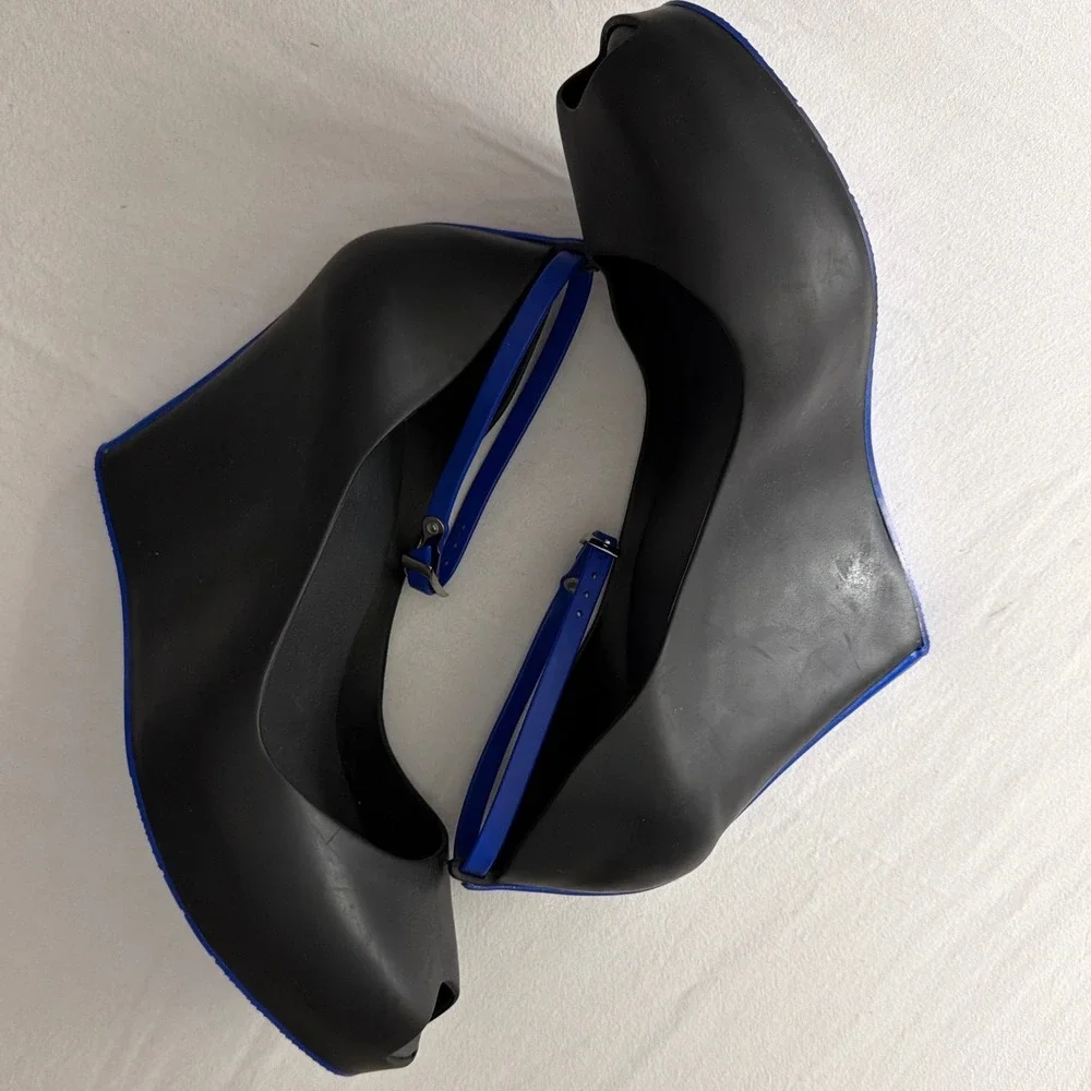 Melissa Patchuli Wedge Heels Black Blue Peep Toe Ankle Strap Jelly Shoes Size 10
